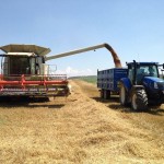 Remolque agrícola tándem de laterales cosechando con tractor New Holland